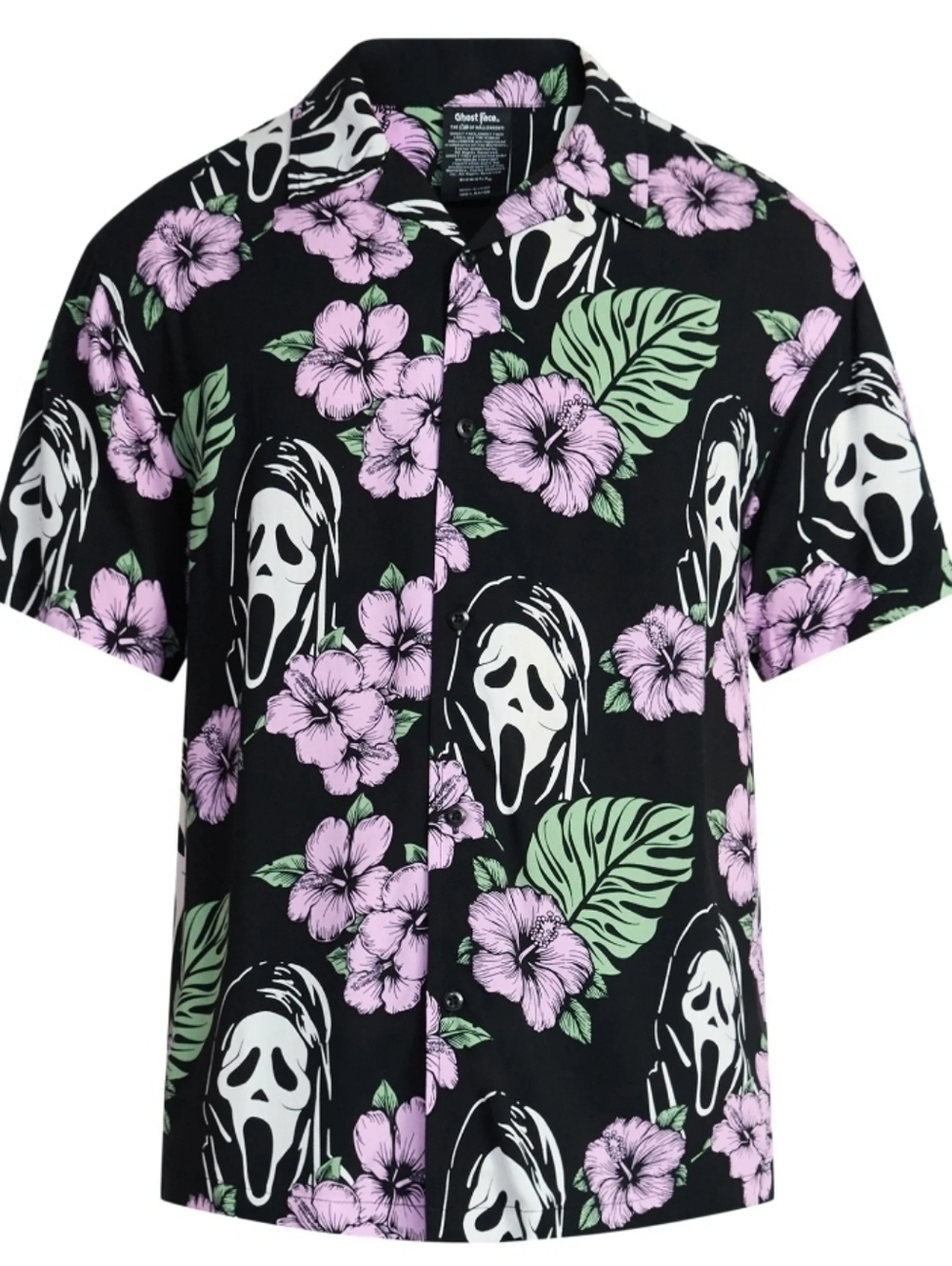 Black Hawaiian Shirt with Purple Flowers and White Mask Print.   11